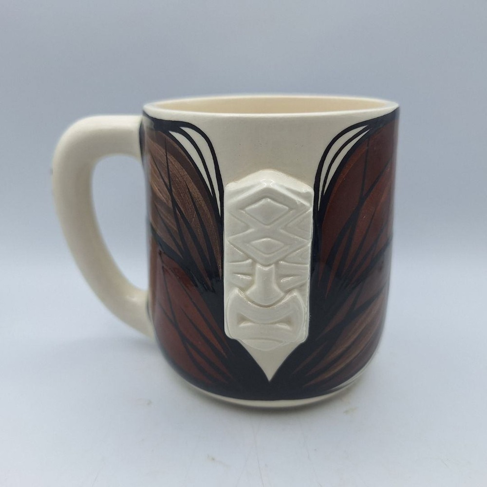 Vintage Maui Tiki Mug Brown Leaf Design Embossed Face Collectible Drinkware